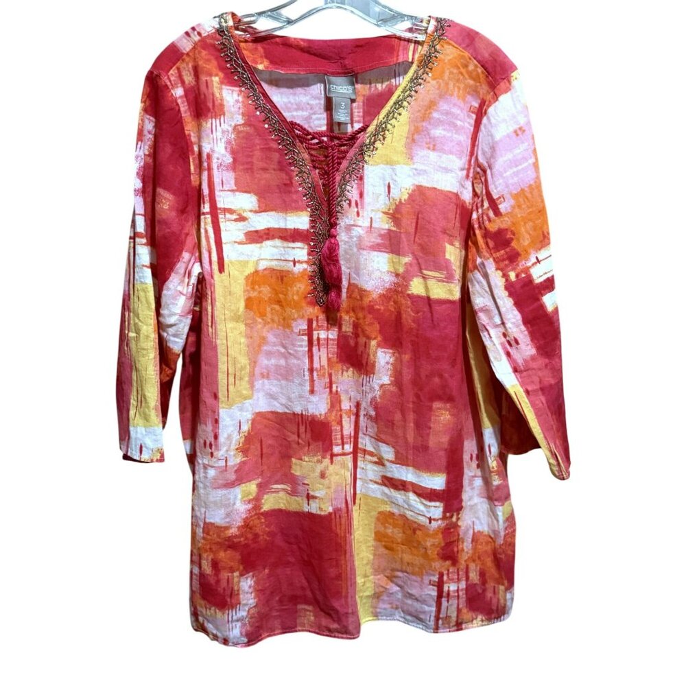 Chico’s Crossroads Lace Up Tunic 3 L-XL  Colorblocked Salsa Beaded Neckline Boho